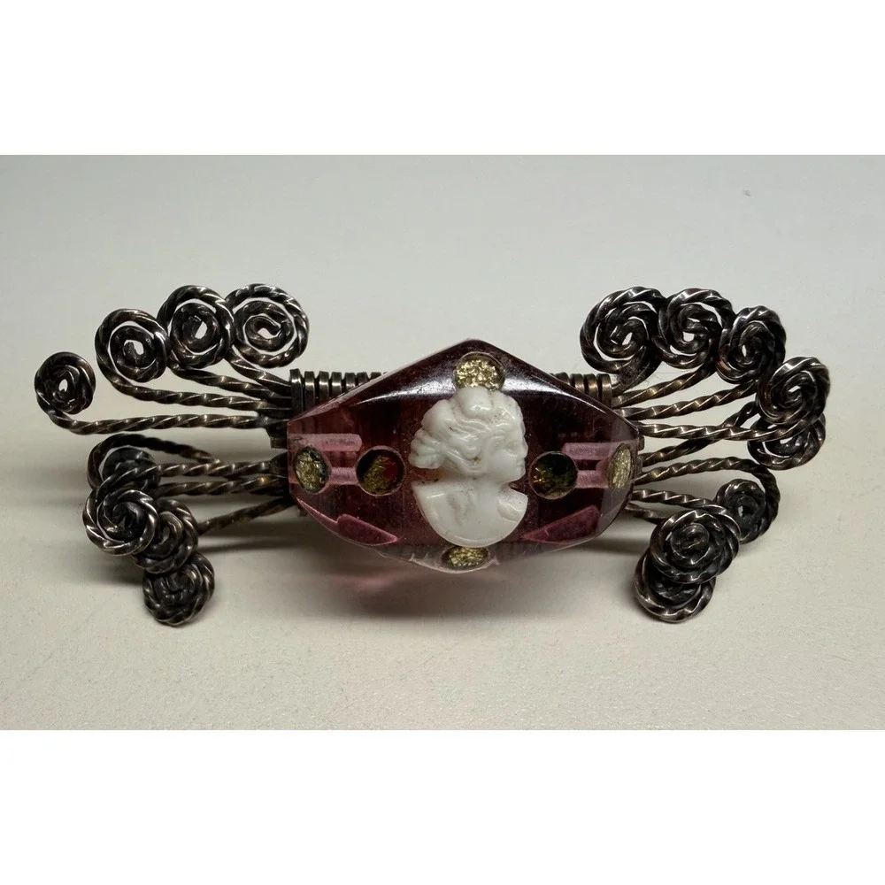 Vintage 1940s Pink Lucite Cameo Brooch Pin Hand Wrapped Wire Filigree Wings